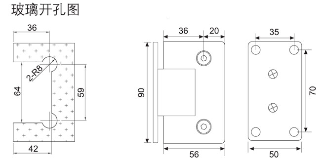 匯泰龍HF-2322-90° 玻璃門合頁（雙邊）開孔圖